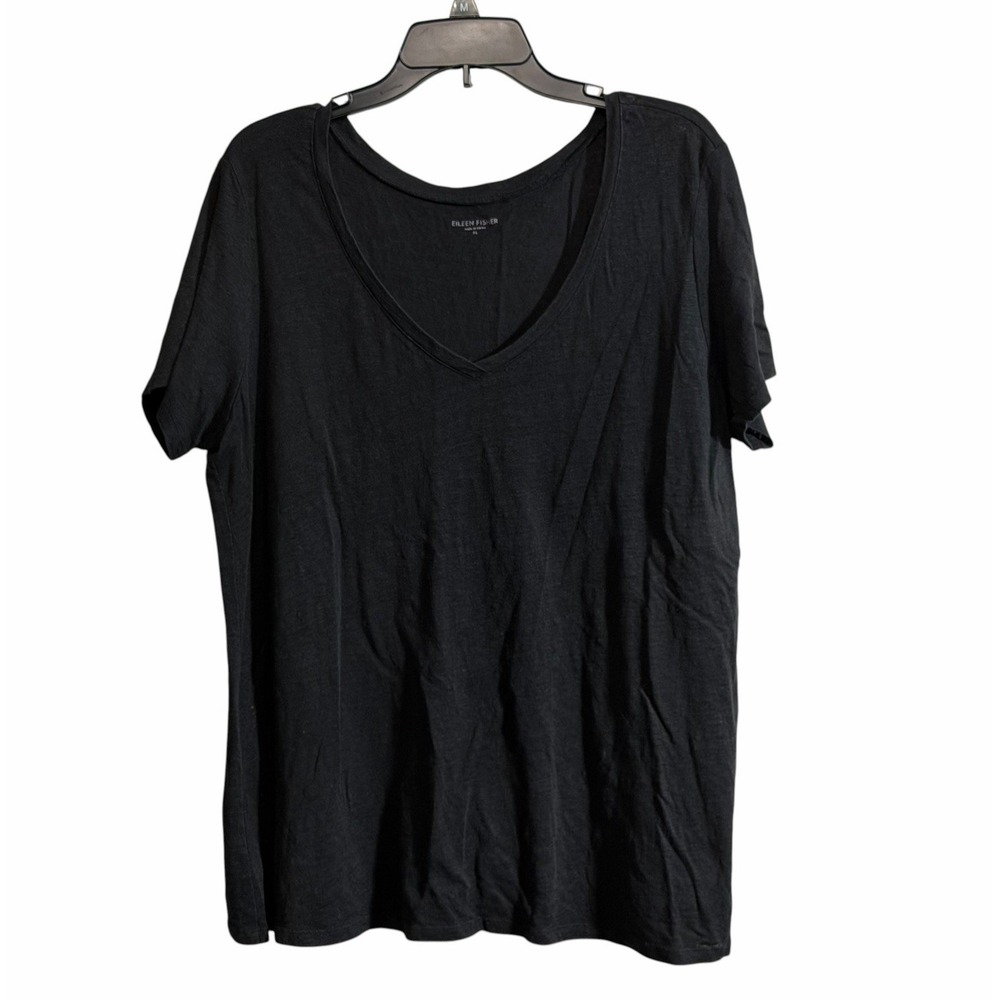 Eileen Fisher 100% Linen V-Neck Short Sleeve Tee Top Black XL